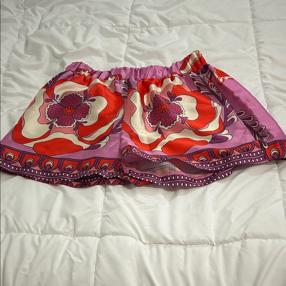 Vibrant Floral Print Satin Shorts — Red, Purple, Pink